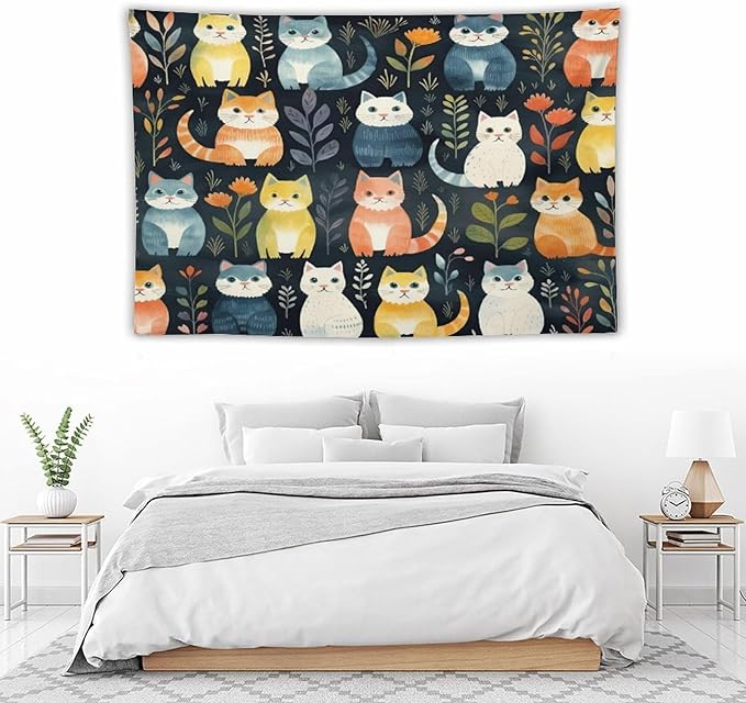VUMIVI Cartoon Abstract Cat Tapestry Fun Cute Animals Plants Bohemian Modern Art Color Illustration Tapestry Wall Hanging for Living Room Bedroom Dorm Classroom Aesthetic Decor W90xL60in