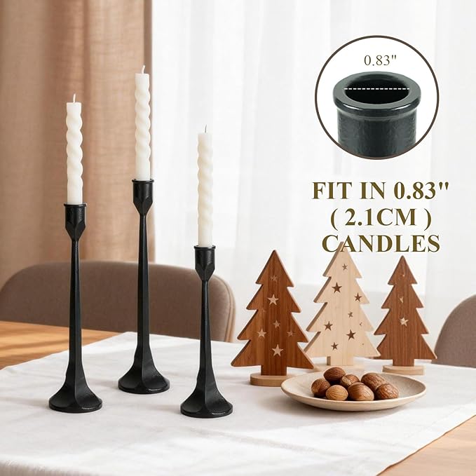 Tall Black Cast Iron Candlestick Holders Set of 3, Wrought Iron Tall Taper Candle Holders, Candle Sticks Holders Decor for Home Decor, Mantle, Table, Wedding-11.8"+13.8"+15.4"(Black)