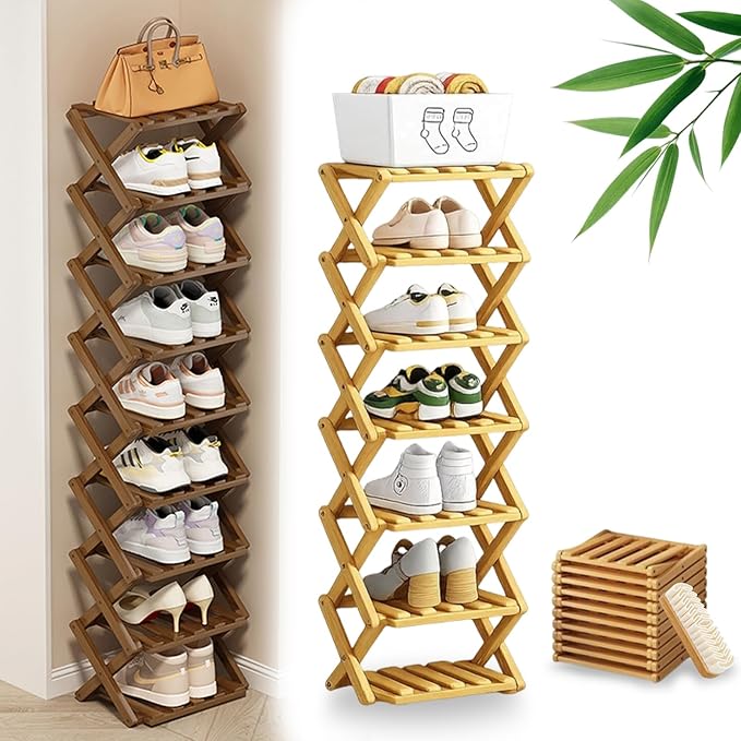 DDRIC 9-Tier No-Assembly Bamboo Rack, 2026 Upgraded Foldable Corner Shoe Rack, Space-Saving Organizer for Shoes, No-Tool Narrow Shelf for Entryway Closet Dorm (Nuture,7-Tier)