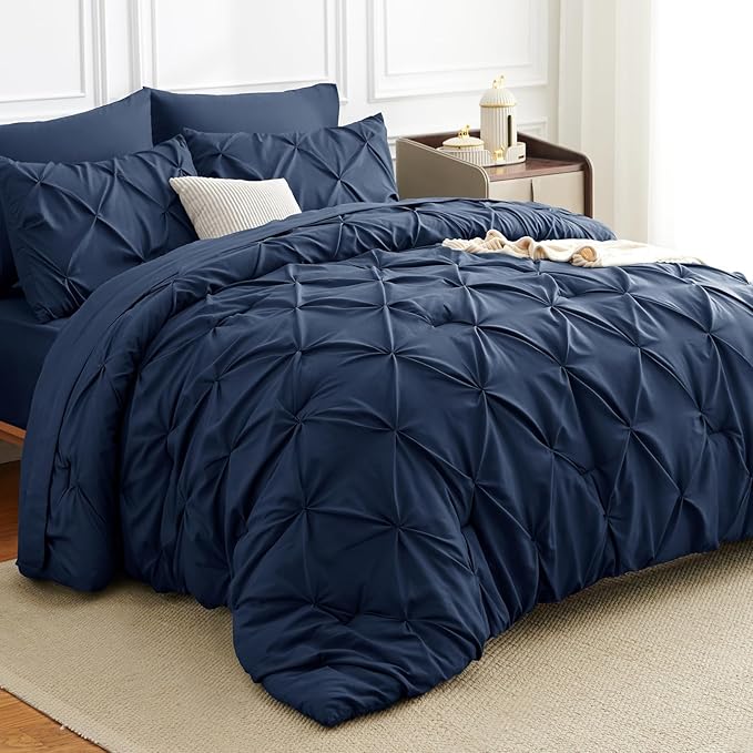 CozyLux Full Size Comforter Sets Navy Blue, 7 Pieces Pintuck Bed in A Bag Blue Comforter Full Size, Pinch Pleat Bedding Sets with All Season Comforter, Sheets, Pillowcases & Shams