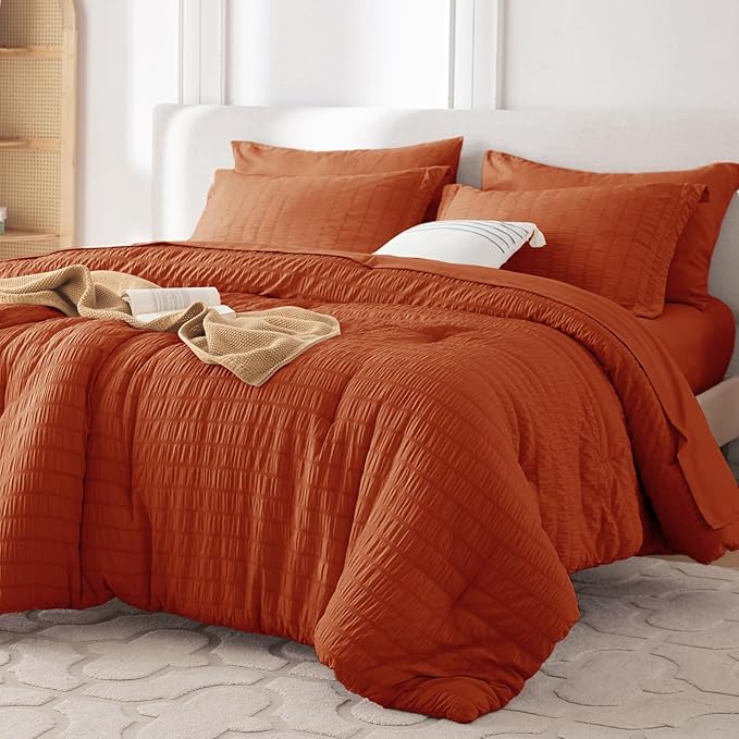MUXHOMO 7 Pieces California King Comforter Set, Seersucker Bed in a Bag Cal King Size, All Season Luxury Bedding Set with Comforter, Flat Sheet, Fitted Sheet, Pillowcases & Shams, Burnt Orange
