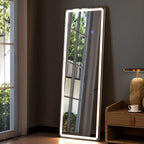 GLSLAND LED Full Length Mirror, 60"x16" Rectangle Floor Mirror with Stand, Wall Mounted Hanging Free Standing Full Body Mirror with Lights for Bedroom Living Room, White
