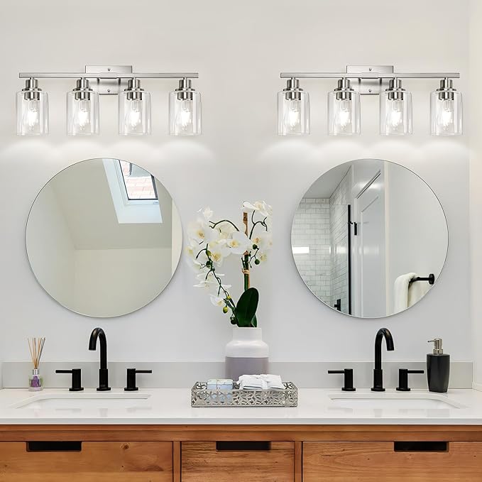 4-Light Bathroom Light Fixtures, Vanity Light with Clear Glass Shades, Brushed Nickel Bathroom Light Fixtures Over Mirror, Modern Bathroom Wall Lamp for Mirror Living Room Cabinet Bedroom