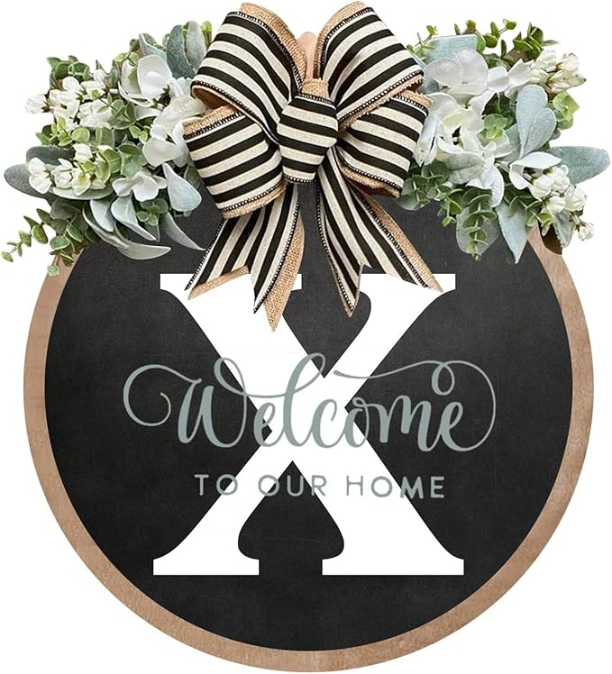 Circular Surname Front Door Welcome Sign - 26 Letter House Wreath, Front Porch Decorations, Year-Round Home Decor (X)