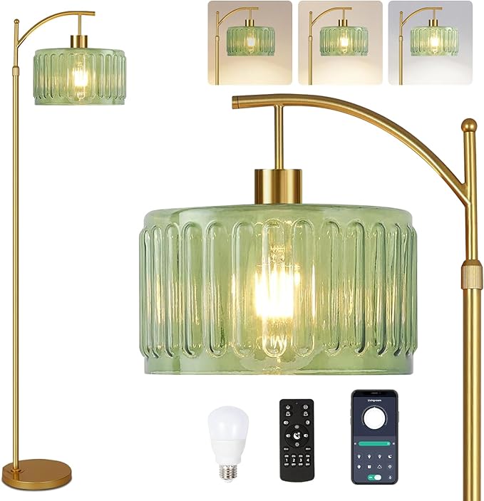 Glass Floor Lamp for Living Room,Bedroom,Gold Dimmable Standing Lamp with Remote,Mid Century Modern Brass Tall Lamp Boho Vintage Retro Floor Lamps Arc Green Flower Floor Light Lamp Bohemian