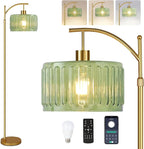 Glass Floor Lamp for Living Room,Bedroom,Gold Dimmable Standing Lamp with Remote,Mid Century Modern Brass Tall Lamp Boho Vintage Retro Floor Lamps Arc Green Flower Floor Light Lamp Bohemian