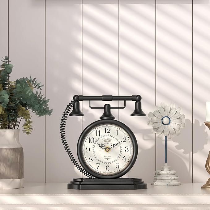 Vintage Table Clock, Desk and Shelf Decor Clock, Black Antique Telephone Style Mantel Clocks, for Living Room, Farmhouse, Bedroom, Bedside, Gift (7.3" H x 7.3" W)