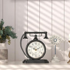 Vintage Table Clock, Desk and Shelf Decor Clock, Black Antique Telephone Style Mantel Clocks, for Living Room, Farmhouse, Bedroom, Bedside, Gift (7.3" H x 7.3" W)