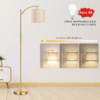 Dimmable Floor Lamp, Arc Floor Lamps for Living Room, Stepless Dimming Modern Standing Lamp with Linen Shade, Tall Lamp for Bedroom Office Dining Room- Brushed Gold