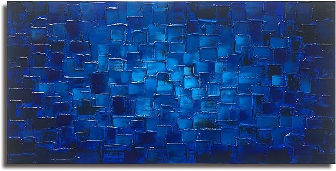 MyArton Textured Abstract Squares Canvas Wall Art Hand Painted Modern Dark Blue Oil Painting for Decoration Ready to Hang 48x24inch