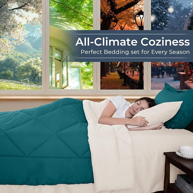 HEVUMYI Twin Comforter Set - 5-Piece All Season Bed in a Bag Twin, Ultra Soft Bedding Set with Comforter, Flat Sheet, Fitted Sheet, Pillowcases, Pillow Shams, Peacock Blue & Ivory