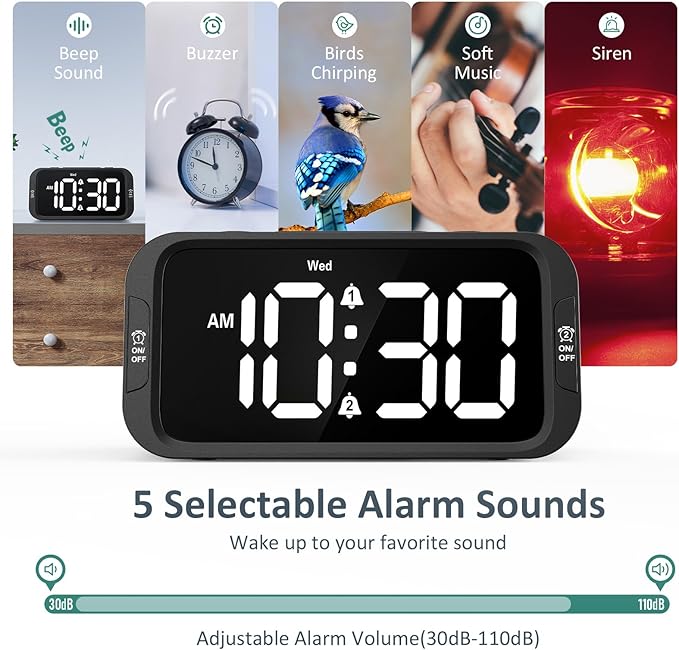 Digital Dual Alarm Clock for Bedroom, Easy to Set, 0-100% Dimmer, USB Charger, 5 Sounds Adjustable Volume, Weekday/Weekend Mode, Snooze, 12/24Hr, Battery Backup, Compact Clock for Bedside