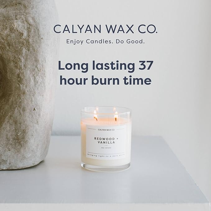 Calyan Wax Co. Redwood & Vanilla 2 Wick Scented Candle - 37 Hour Burn - Luxury Non Toxic Soy Wax Candles - Long Lasting Large Glass Jar Candle for Home - 8.8oz