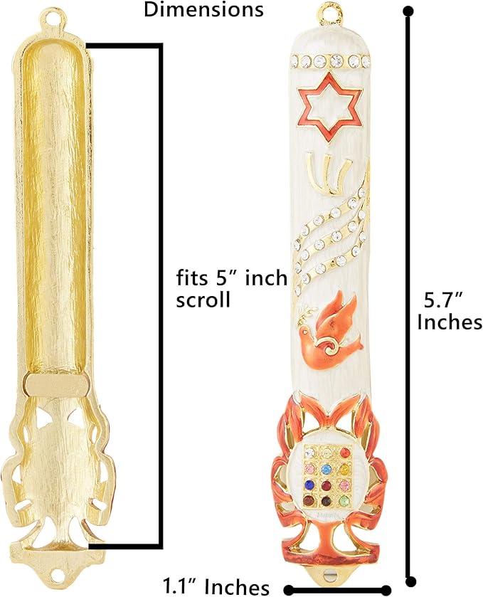 Matashi Hand Painted 5.7" Red and White Dove Mezuzah Embellished with Gold Accents and a Star of David w/Crystals Home Door Wall Decor Present House Blessing Gift for Holiday Festival