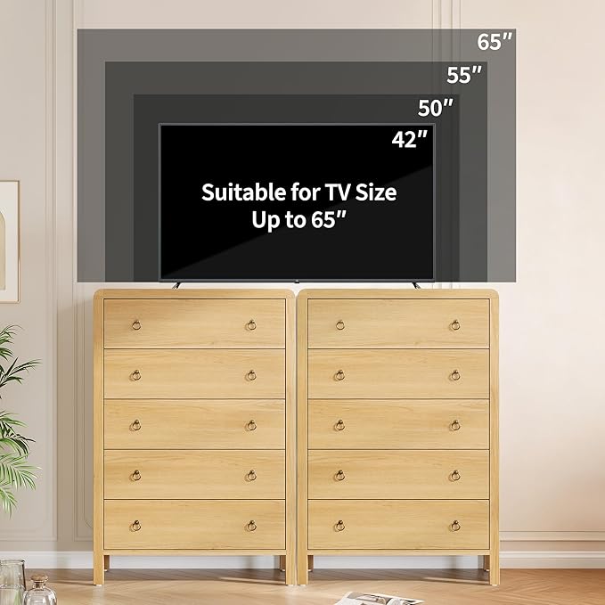 IDEALHOUSE 5-Drawer Dresser, Mid Century Modern Chest of Drawers, Drawer Chest Bedroom Organizer Cabinet with Metal Ring Pulls, Large Dresser Organizer for Bedroom Living Room Hallway Closet
