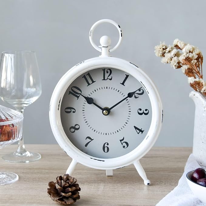 Vintage Rustic White Table Clock on Stand, Decorative Desk and Shelf Clock Farmhouse Mantel Clock Rustic Non-Ticking Clock