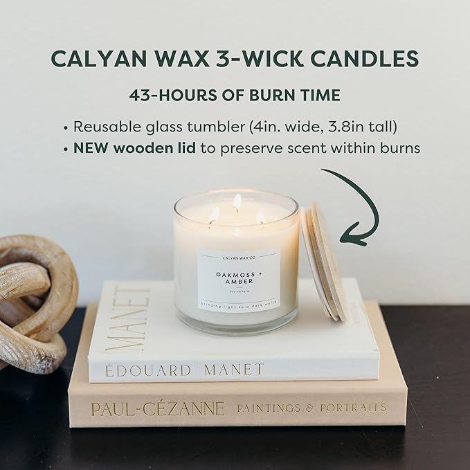 Calyan Wax Co. Rosewood & Amber 3 Wick Scented Candle - 43 Hour Burn - Luxury 3 Wick Soy Candles - Non Toxic Soy Wax Candles - Long Lasting Large Glass Jar Candle for Home - 14.9oz
