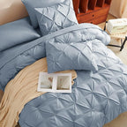 CozyLux Queen Comforter Set Grayish Blue, 7 Pieces Pintuck Bed in A Bag, Premium Blue Comforter Queen Size, Pinch Pleat Bedding Sets with Comforter, Sheets, Pillowcases & Shams