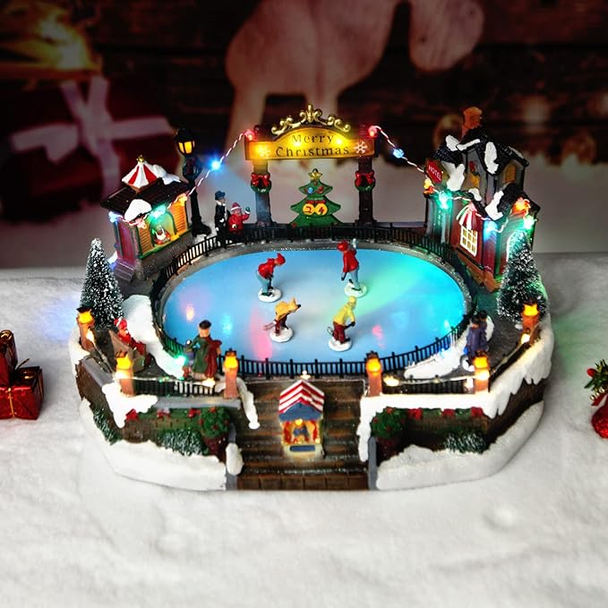Christmas Village House Christmas Collectible Buildings Decor Estatua de la cabaña del Pueblo navideño Home Decoration Snow Globe Display Skating Pond AnimatedChristmas Theme Park with 8 Music X-Large
