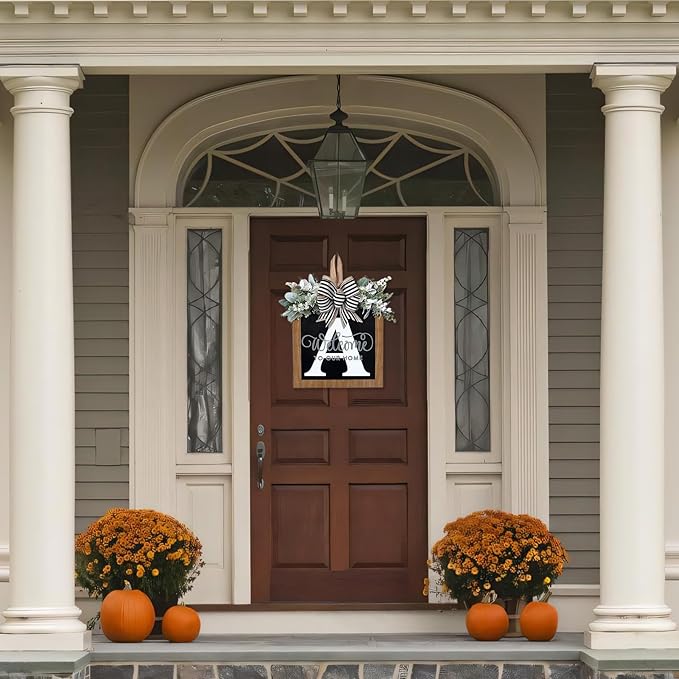 Ultra Large 14'' Last Name All Year Round Front Door Wreath with 26 Initial Letter Welcome Sign All Seasons Eucalyptus Garland and Bow Wreaths for Front Door Porch Farmhouse Decoration (A)