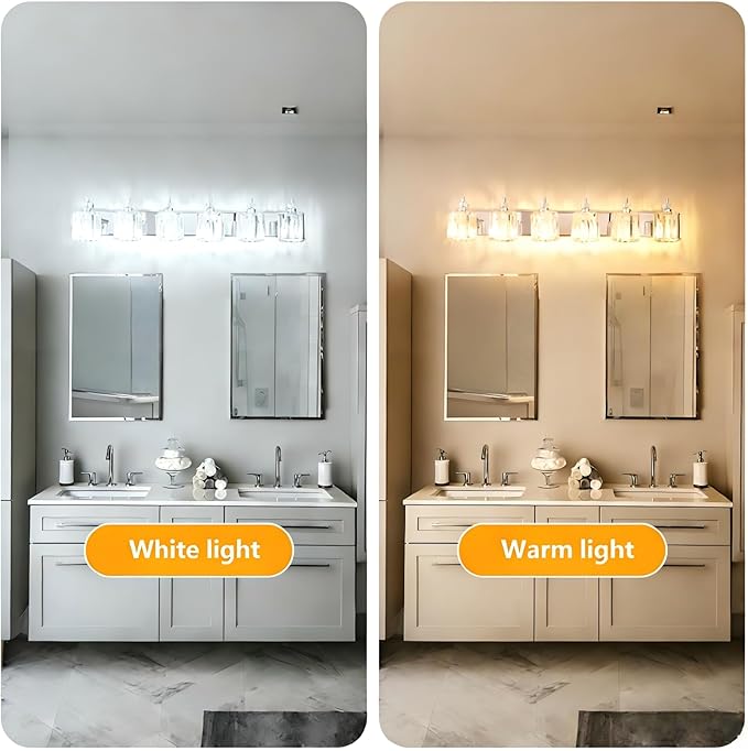 6-Light Modern Bathroom Light Fixture Chrome Bathroom Vanity Lights Over Mirror Wall Sconce Lighting with K9 Crystal Shades E26 Base for Bedroom, Living Room, Hallway Wall Lamp