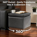 Swivel Storage Ottoman with Hidden Compartment, Square Faux Leather Footstool, Solid Acacia Wood Frame, 500 lbs Capacity, No Assembly Required, for Living Room & Bedroom