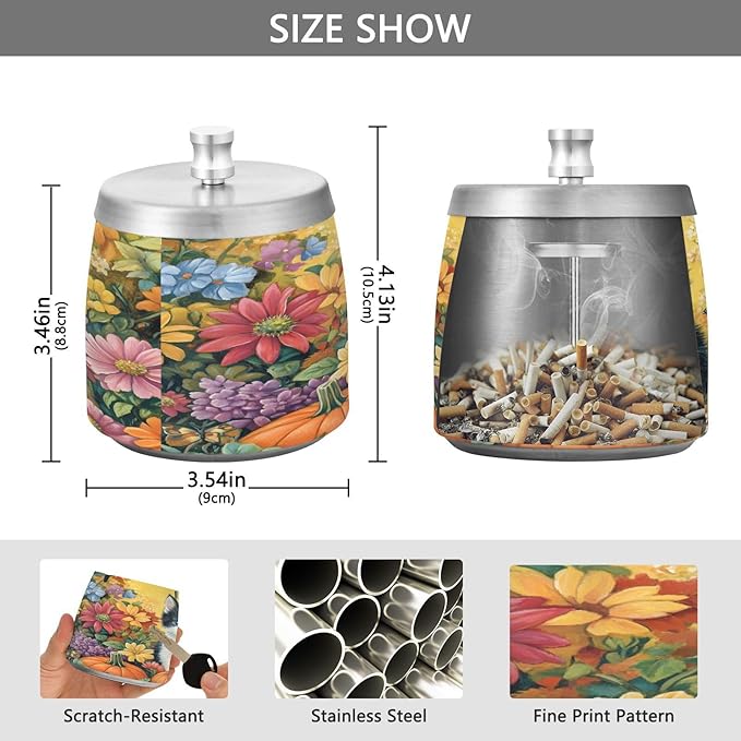 Black White Kitten Flower Ashtray with Lid, Outdoor Ashtrays for Patio, Stainless Steel Ashtray Odorless Smokeless for Home Office Balcony