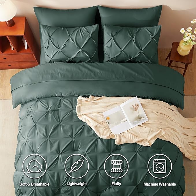 CozyLux King Size Comforter Set Forest Green, 7 Pieces Pintuck Bed in A Bag Green Comforter King Size, Pinch Pleat Bedding Set with All Season Comforter, Sheets, Pillowcases & Shams