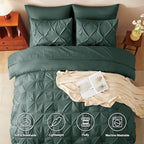 CozyLux Queen Comforter Set Forest Green, 7 Pieces Pintuck Bed in A Bag, Premium Green Comforter Queen Size, Pinch Pleat Bedding Sets with Comforter, Sheets, Pillowcases & Shams