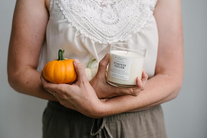 PERIPETI Home Pumpkin Ginger Scented Candle, Wooden Wick – 8.5oz Natural Soy Wax for Energizing Aromatherapy, Long-Lasting Burn with a Cozy Fall Scent