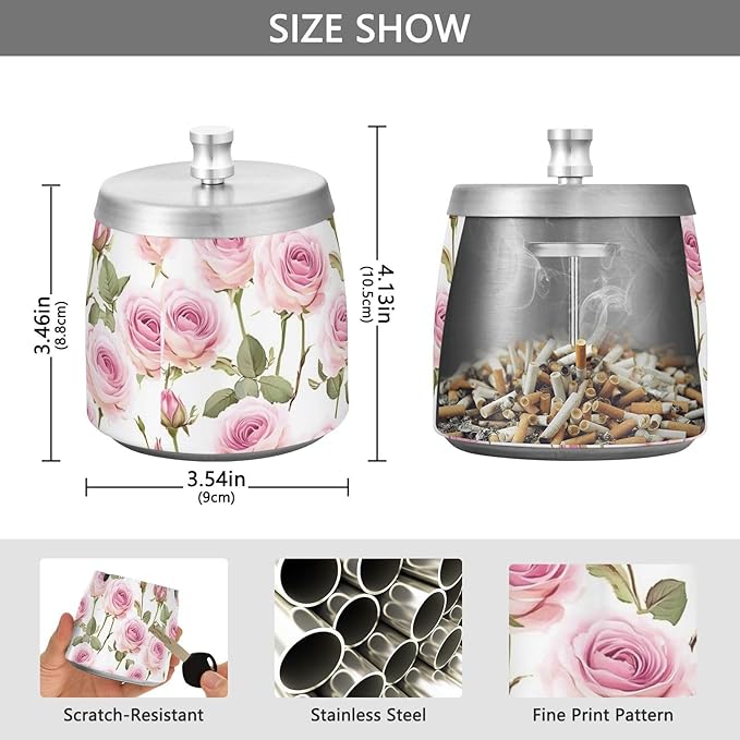 Pink Roses Leaves Vintage Ashtray with Lid, Outdoor Ashtrays for Patio, Stainless Steel Ashtray Odorless Smokeless for Home Office Balcony