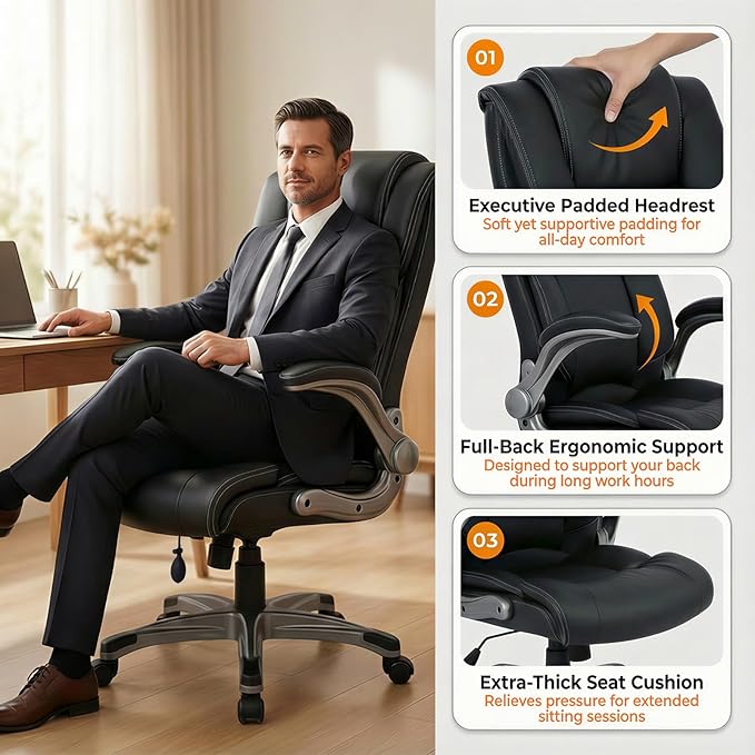 COLAMY Ergonomic Executive Office Chair, High Back Desk Chair with Adjustable Lumbar Support, Flip-Up Armrests & Thick Seat Cushion, 90°–110° Reclining Computer Chair for Home Office,Set of 2