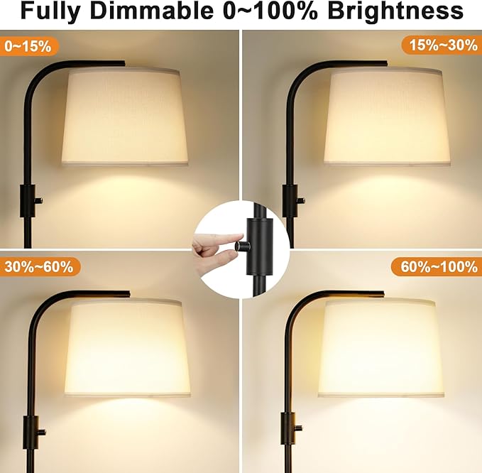 Ambimall Fully Dimmable Floor Lamp - Floor Lamps 9W LED Light Bulbs, Standing Lamps for Living Room with Adjust Head, Modern Standing Light Rotary Switch, Tall Lamp for Bedroom (Black and White)