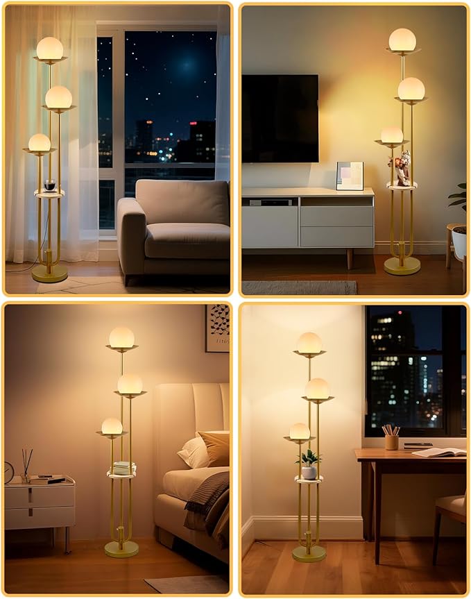 Lightdot Globe Floor Lamp with Shelf 3-Lights Modern Dimmable Floor Lamps for Wedding/Party, 3000K Warm White Bulbs Included, Gold Tall Standing Lamp for Living Room/Bedroom/Sofa Beside/Corner Decor