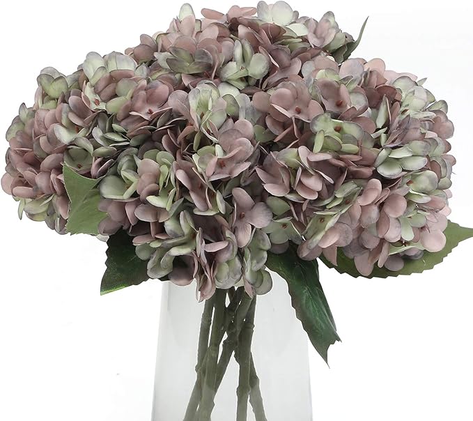 Kimura's Cabin 6pcs Fake Hydrangeas Flowers Vintage Artificial Silk Hydrangea Bouquets with Stems for Wedding Party Home Table Core Decoration (Green Purple, Pack of 6)