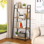 BON AUGURE Farmhouse Ladder Shelf Bookcase, 4 Tier Rustic Ladder Bookshelf, Standing Leaning Book Shelves for Living Room (Vintage Oak)
