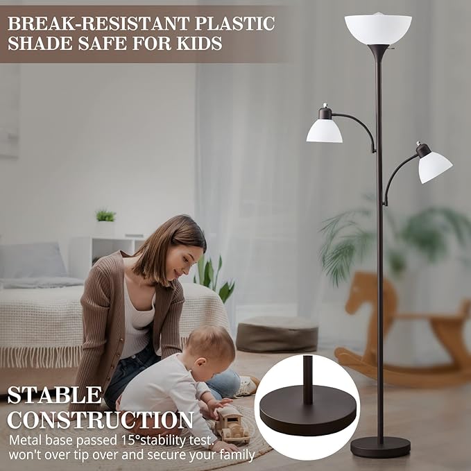 Luvkczc Floor Lamps for Living Room, 72" Tall Standing Lamp, Torchiere Lamp with 2 Reading Lamps, Industrial Bright Floor Lamp for Bedroom, Office, Dresser, Brown Lamps, 3 LED Bulbs Included