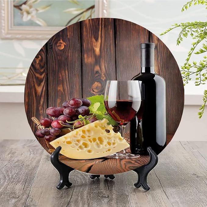 Ceramic Display Plate, Wine Ceramic Hanging Decorative Plate, Red Wine Cabernet Bottle and Glass Cheese and, 10 Inch, Household Custom Ceramic Plate, Brown Burgundy Cream