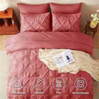 CozyLux Queen Comforter Set Coral, 7 Pieces Pintuck Bed in A Bag, Premium Coral Comforter Queen Size, Pinch Pleat Bedding Sets with Comforter, Flat Sheet, Fitted Sheet, Pillowcases & Shams