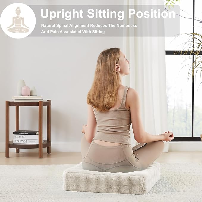 22 inches Floor Pillow for Adults - Large Meditation Cushion with Thick Foam & Soft Tufted Cover - Premium Outdoor Square Floor Cushion Seat - Yoga Pillows for Sitting On Floor - Almond White