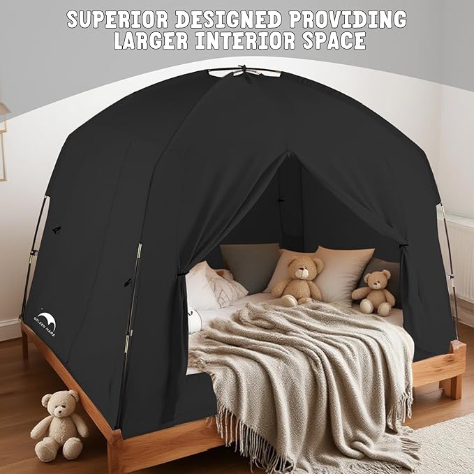 Bed Tents for Kids and Adult, Portable 100% Breathable and 93% Blackout Toddler Dream Play Tent, 3 Doors Big Privacy Space Sleeping Canopy for Floor or Twin Full Queen Sizes Bed (Black, Queen-Size)