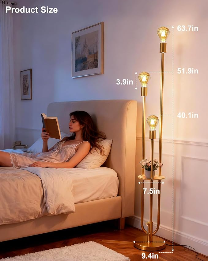 Lightdot Gold Floor Lamp for Living Room, Dimmable Vintage Floor Lamp with Shelf & E26 Base Bulbs, 3 Light Mid Century Standing Lamp, Tall Lamp for Bedroom/Sofa Beside/Corner Decor(Bulbs Included)