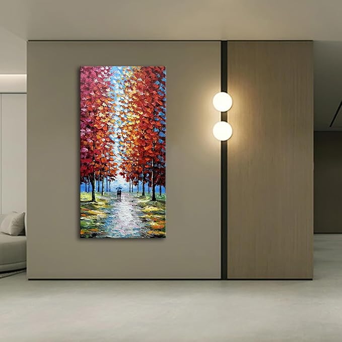 Alenoss Hand Painted 3D Abstract Oil Paintings on Canvas 24x48 Inches Large Modern Forest Landscape Vertical Red Canvas Wall Art Framed Artwork for Living room Bedroom Tree Art Decor