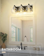 Bathroom Light Fixtures, 3-Light Black and Brushed Nickel Bathroom Vanity Light, Modern Wall Sconces with Globe Clear Glass Shade, Vanity Lighting Fixtures Over Mirror, VL195-KN-3