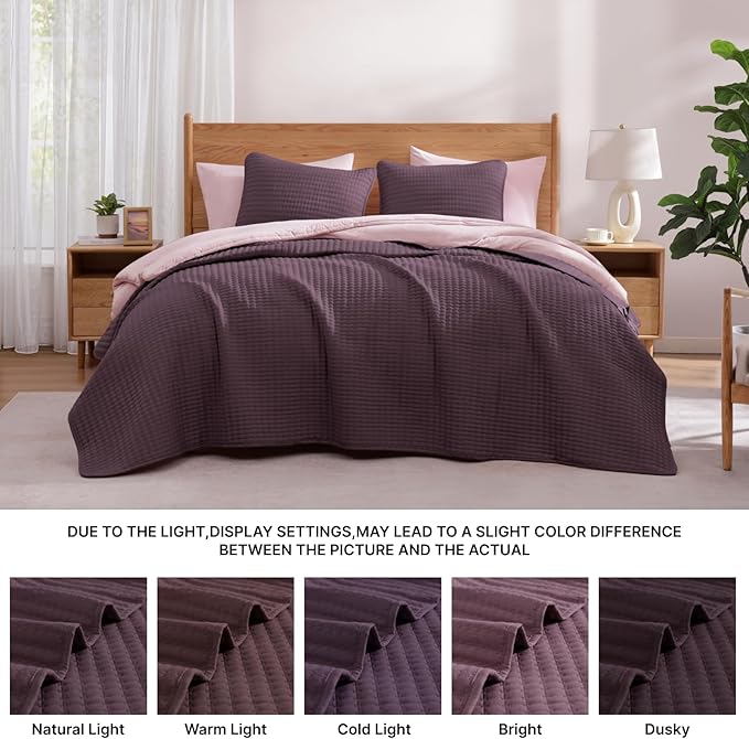 WRENSONGE King Size Quilt-3 Pieces Lightweight Italian Plum Bedspreads King Quilt Bedding Set for All Seasons, Soft Summer Coverlet with 2 Pillow Shams Suitable for Bed, Couch, Quilt Blanket