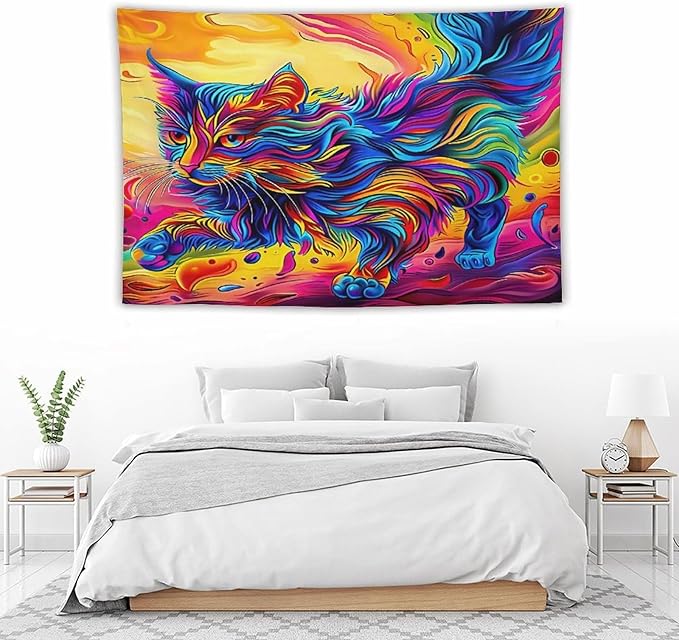 VUMIVI Colorful Cat Tapestry Pet Oil Painting Print Rainbow Colorful Abstract Art Pattern Tapestry Wall Hanging for Living Room Bedroom Dorm Classroom Aesthetic Decor W90xL60in