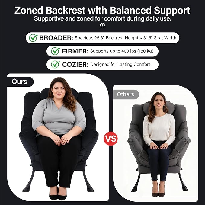 Lazy Chair with Ottoman, Modern Accent Chair with Lumbar Pillow, Velvet Black Sofa, Lounge Chairs with Folding Footrest, Oversized Supportive Chairs for Bedroom, Reading