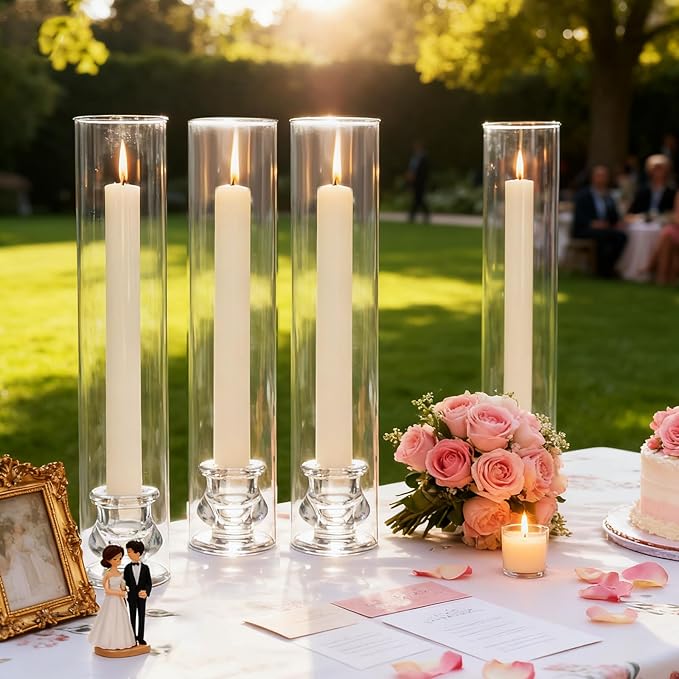 3 Set Hurricane Glass Candlestick Holders 12.6" Two Side Open Glass Candle Holders and 2.2" Taper Candlesticks Holder Bulk for Table Centerpiece Wedding Christmas Home Decor