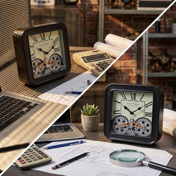 Vintage Steampunk Desk Clock, 6 Inch Metal Industrial Table Clock with Moving Gears, Silent Non-Ticking Quartz, Battery Operated Shelf Decor for Home Office Living Room（Black）