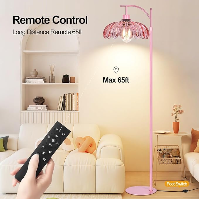Pink Floor Lamp for Living Room,Bedroom,Glass Dimmable Standing Lamp with Remote,Gold Mid Century Modern Brass Tall Lamp Boho Floor Lamps Arc Stained Flower Floor Light Lamp Girls kids Bohemian